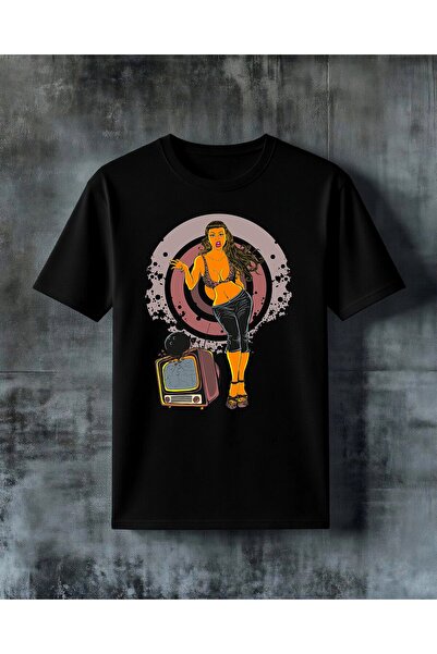 COMVİCHO Retro Tv Female Pop Art Printed Oversize T-Shirt