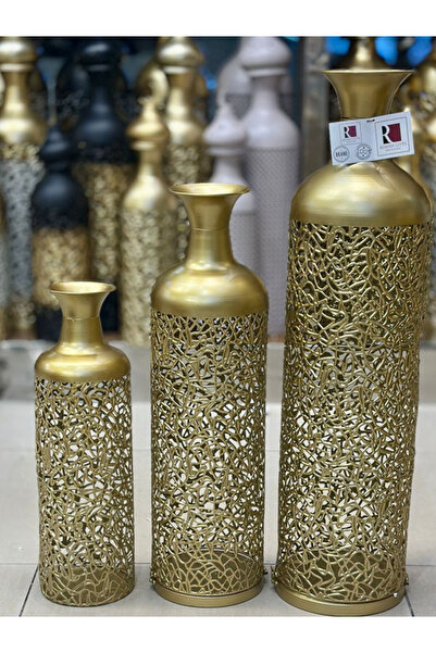 Generic 3-Piece Gold Metal Decorative Vases Set with Hollow Out Design