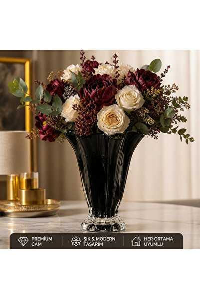 Ada Crafts Floria Siyah Cam Vazo – Dekoratif Çiçek Vazosu, Modern Ev Salon Ma...