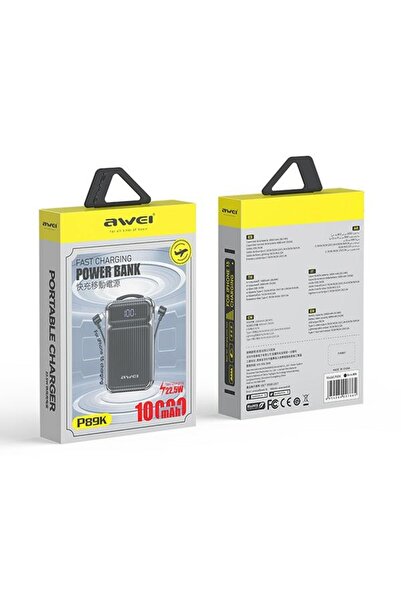 AWEI PowerBank P89K 10000mAh 38.5W negru/negru + cabluri PD/Lightning