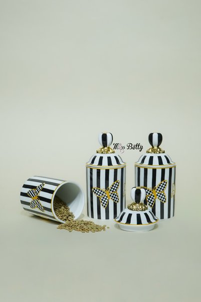 Miss Betty Papillon 3-Piece Porcelain Spice Jar Set with Lids Modern Kitchen Spice Set