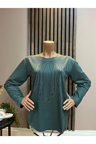 AKMAVİ Women's Middle Age and Above Round Neck Viscose Waterfall Patterned St...