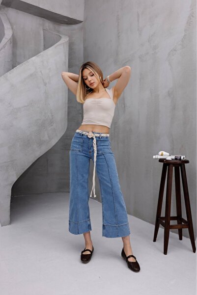 ZDN JEANS Kadın Hasır Kemer Detaylı Yüksek Bel Wide Leg Jean Pantolon