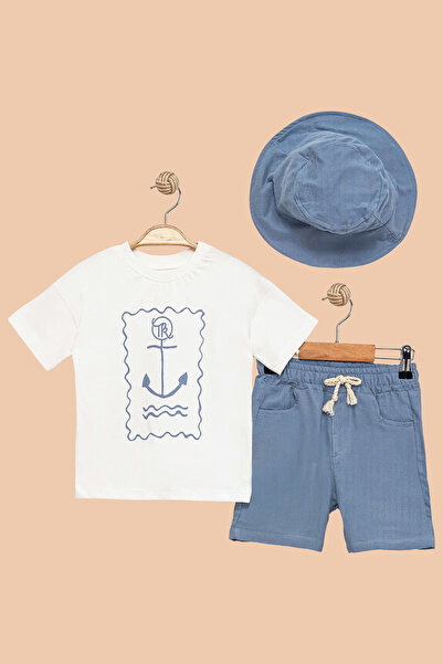 cekic kids Erkek Çocuk %100 Pamuk Müslin Çapalı T-shirt, Şort ve Şapka 3'lü Takım