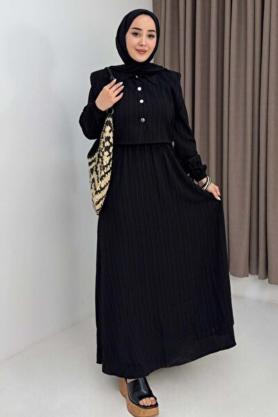 Raneel Kazançlı Alışveriş Women's Shirt Collar Gathered Waist Dress Black