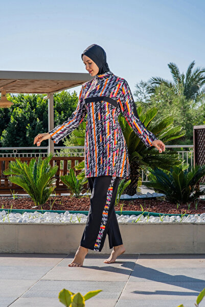 Ruko Maio Ruko Women's Full Covered Geometric Patterned Black Hijab Swimsuit