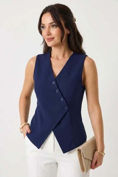 Raneel Kazançlı Alışveriş Women's Cross-Buttoned Sleeveless Vest Navy Blue