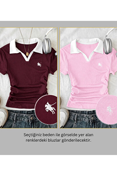Gofeel Soul Renkli Polo Yaka Nakışlı Büzgülü Bluz