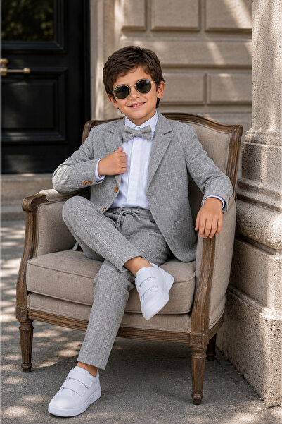 tinytrends Costum casual premium pentru băieți cu jachetă și papion, pentru nuntă/sărbătoare