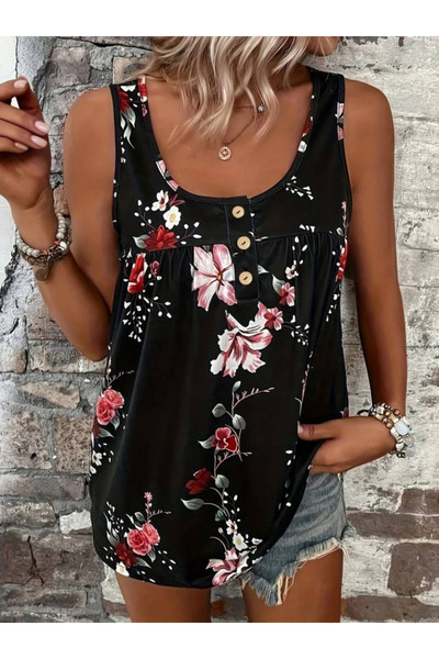 MODAVERA Women's Thick Strap Front Button Detail Flower Pattern Blouse