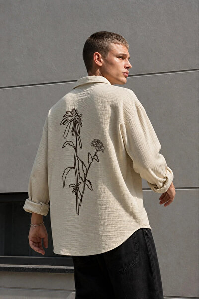 MADZEYMODA Men's Oversize Breathable 100% Cotton Embroidered Beige Muslin Shi...