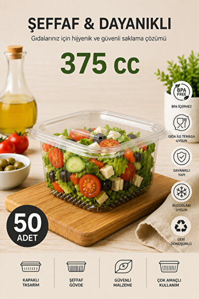 PUPLİN Plastic Leak-Proof Lid Container Bowl 375 Cc 50 Pieces - Flexible Unbr...