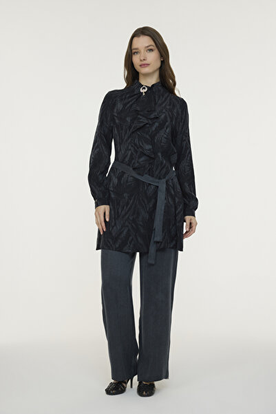Zühre Scarf Collar, Flounce Detailed Belted Black Suit 1822