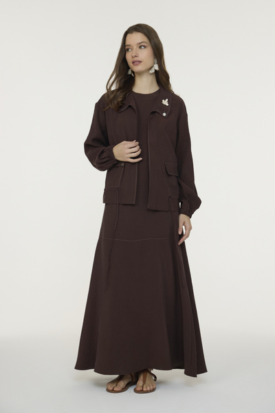 Zühre Brooch Detailed Jacket Dress Coffee Suit 1957