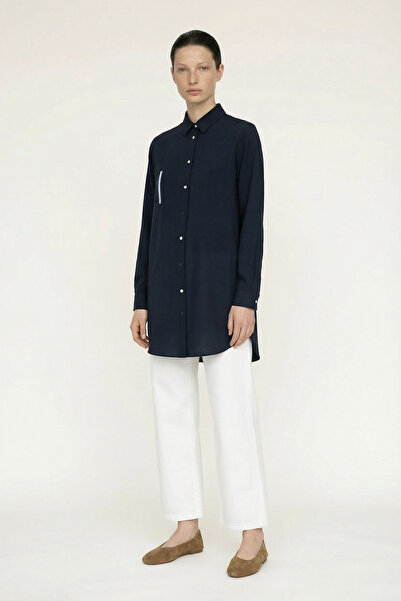 Zühre Comfortable Navy Blue Shirt with Buttoned Pocket Detail 0130