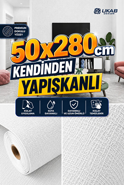 UKAB DEKOR Beyaz Dokulu Kendinden Yapışkanlı Tek Parça Silinebilir Dekoratif ...
