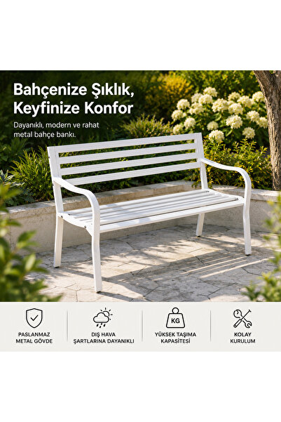 Evinizin Atölyesi Beyaz Metal Bahçe Bankı