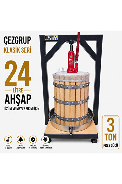 çezgrup Klasik Seri 24 Litre Ahşap Üzüm & Meyve Sıkma Presi – 3 Ton Şişe Krik...