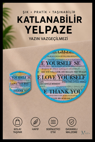 MAZEN Love Yourself Yazı Desenli Katlanabilir Yuvarlak Yazlık Taşınabilir El ...