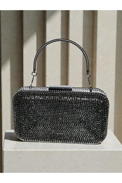 Biçanta Black Handmade Full Stone Metal Handle Thick Chain Women's Evening Dress Bag Wedding Engagement Graduation