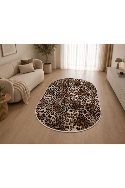 GNL HOME Leopa Desenli Oval Djital Baskı Kaymaz Taban, Yıkanabilir Salon,Kori...