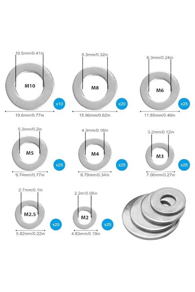 OEM Set/kit of 180 universal washers/gaskets, stainless steel, 8 sizes M2 M2....