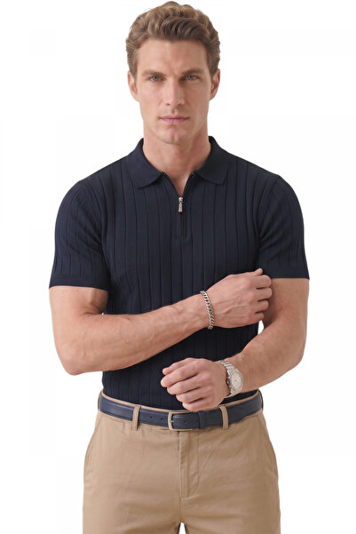 DeepSEA Men's Navy Blue Polo Collar Zippered Striped Textured Regular Fit Lyc...