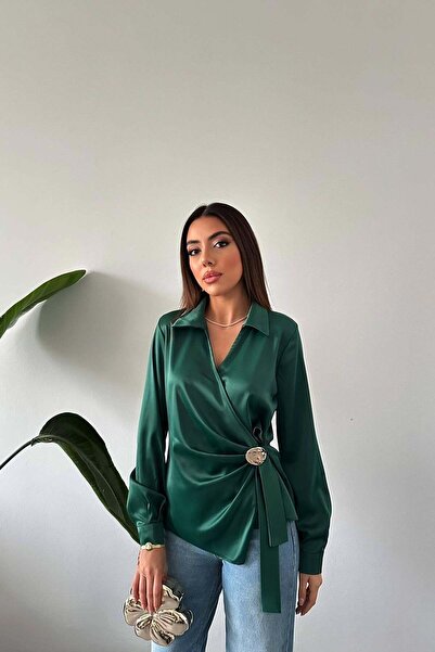 ozelia Satin Blouse with Emerald Button Detail