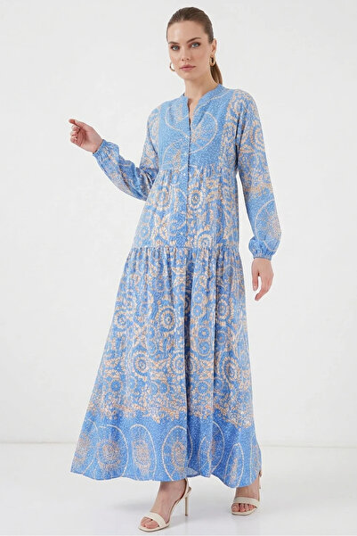 buğrahayalin Women's High Collar, Gathered Waist, Long Sleeve, Authentic Patt...