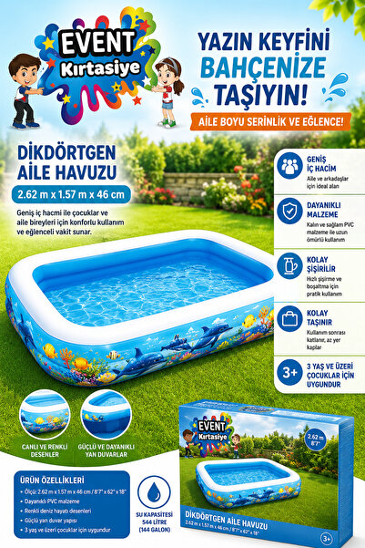 EVENT Desenli Dikdörtgen Şişme Aile Havuzu 262x157x46 cm Büyük Boy Çocuk Havuzu