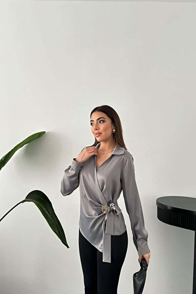 ozelia Gray Button Detailed Satin Blouse