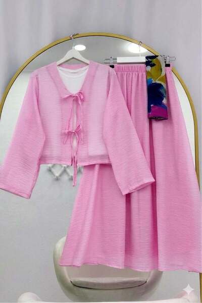 modasindoma Muslin Textured Tie Skirt Set Pink