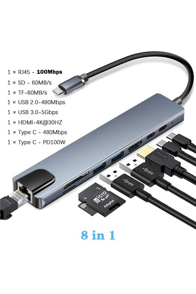 Choice محطة إرساء 8 في 1 بمنفذ RJ45 وUSB-C، شحن سريع PD بقوة 100 واط، موسع 4K...