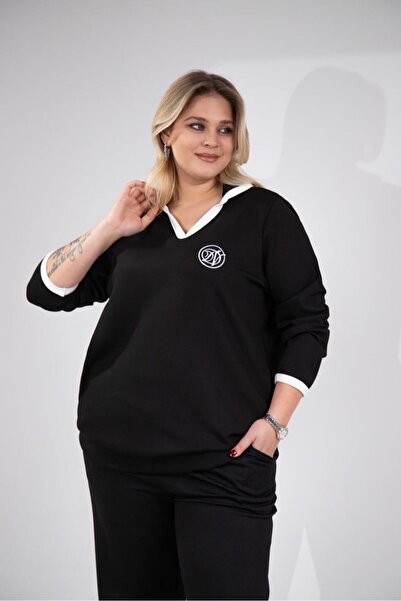 Roxxlen Women's Plus Size Embroidered V-Neck Sweatshirt