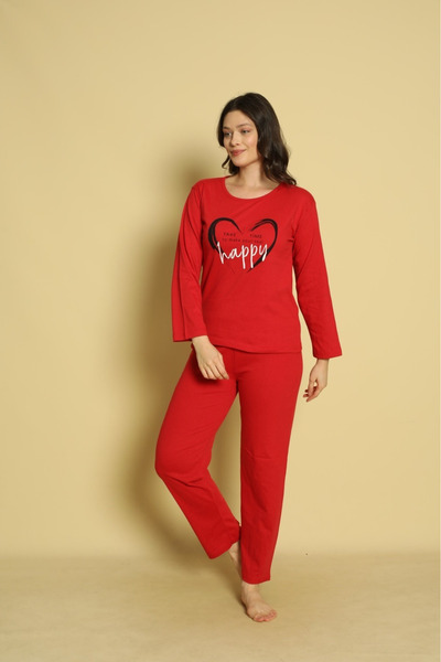 Serena Pijama dama-maneca lunga si pantalon lung- culoare rosu imprimeu HAPPY