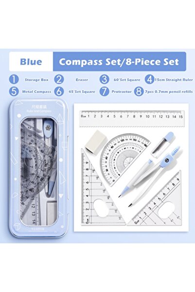 Choice5 Blue 8PCS A 8PCS/Set Plastic Ruler Compasses Set Eraser Transparent M...