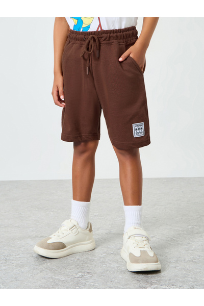 Styli Boys Brown Solid Drawstring Waist Shorts with Badge Detail