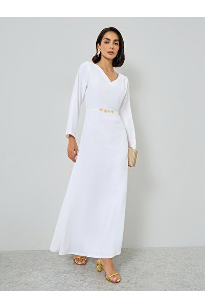 Maxim Creation By Styli White Maxi Dress with Metallic Leaf Detail