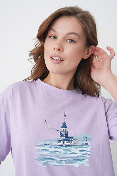 TREND EMMODA Tricou de damă din bumbac, liliac, cu imprimeu Seagull și Maiden...