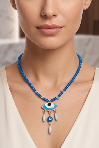PETEK AKSESUAR Blue Evil Eye Figure Natural Stone Necklace