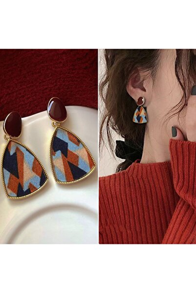 Women's Claret Red Enamel Geometric Patterned Dangling Earrings Bohemian Design Stylish Accessory