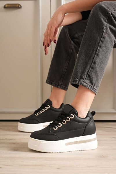 TRENDELLA Women's 8cm Height Increasing Hidden Heel Black Sports Shoes Tr04Ms01A