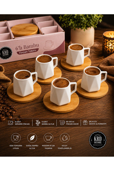 KRD HOME 6’lı Bambu Altlıklı Seramik Kahve Fincan Takımı – Modern Tasarım Kah...
