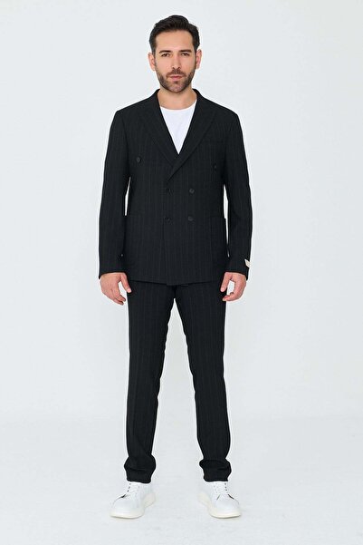 White Stone Black Double-Breasted Pinstripe Regular Fit Suit