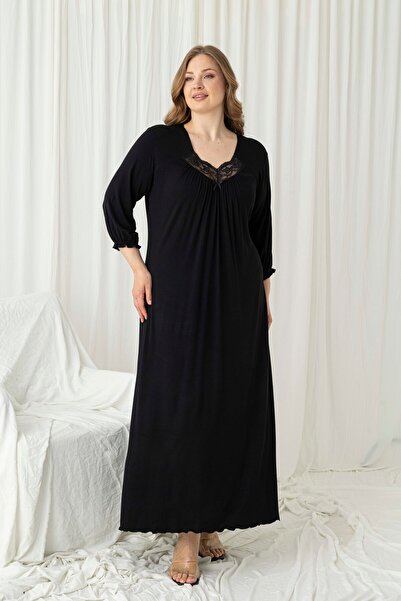 Black Lace Detailed Ring Viscose Plus Size Three Quarter Sleeve Dress