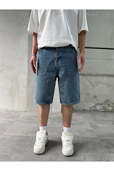 DIFRANSEL JEANS Parça Dikişli Tintli Mavi Bermuda Baggy Şort