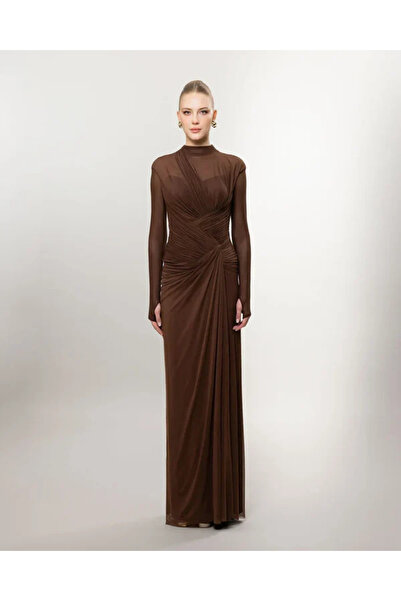 Kenzel Plus Size Long Sleeve Slit Draped Long Evening Dress