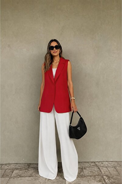 armonika Women's Red Men's Collar Buttonless Glittery Mesh Lined Vest Arm-26Y...