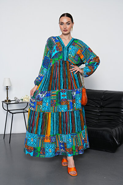 NAVY Full Length Patchwork Long Sleeve Dress
