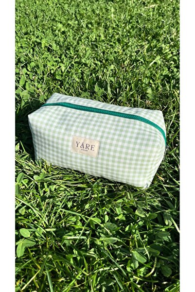 Yare Atelier Geantă de machiaj din țesătură verde Gingham, geantă de machiaj ...